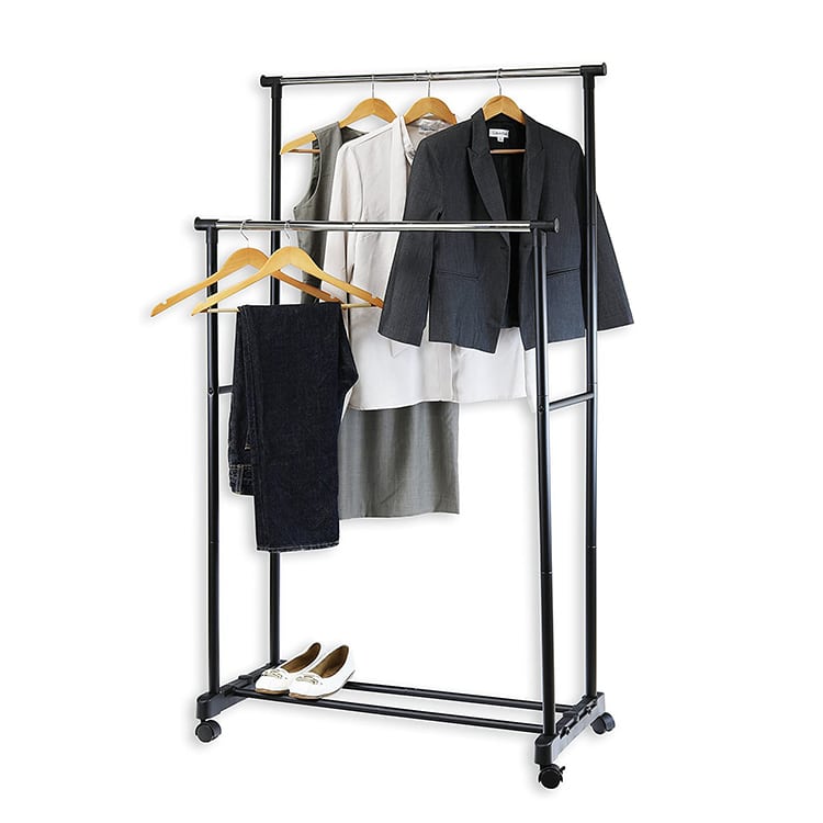 Adjustable Dual-Bar Industrial Pipe Clothing Rack with Wheels and Base Storage