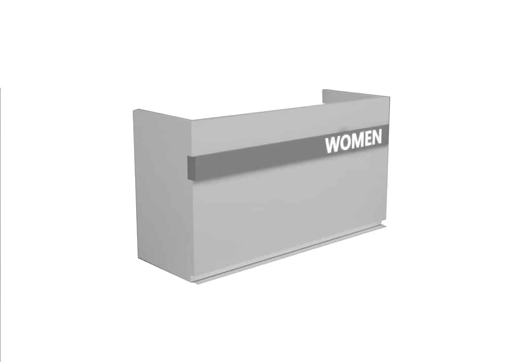 Sleek Gray Women's Clothing Checkout Counter with Branding