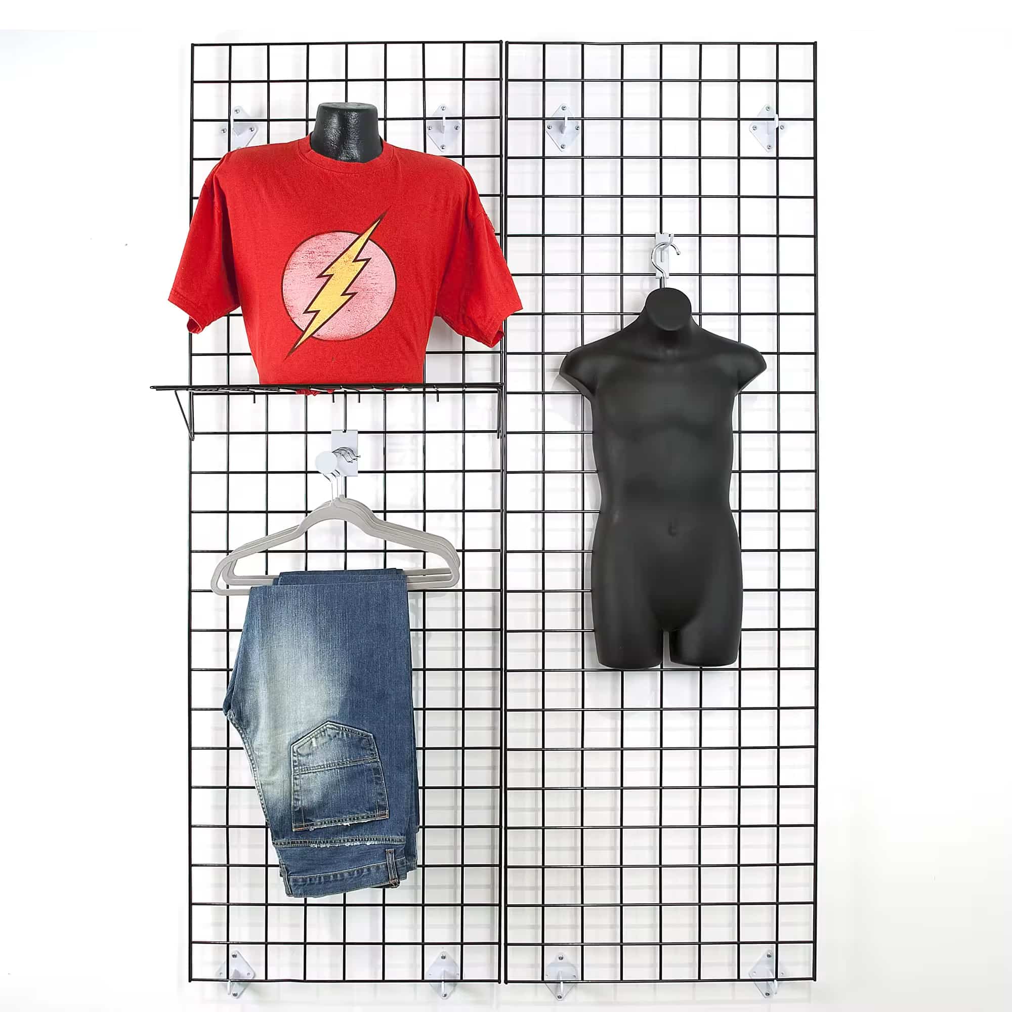 Wall-Mounted Gridwall Panels with Clothing Display Accessories