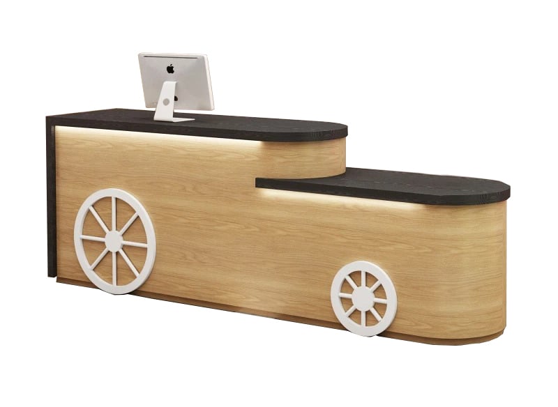 Wooden Wheeled Clothing Checkout Counter with Dual Levels